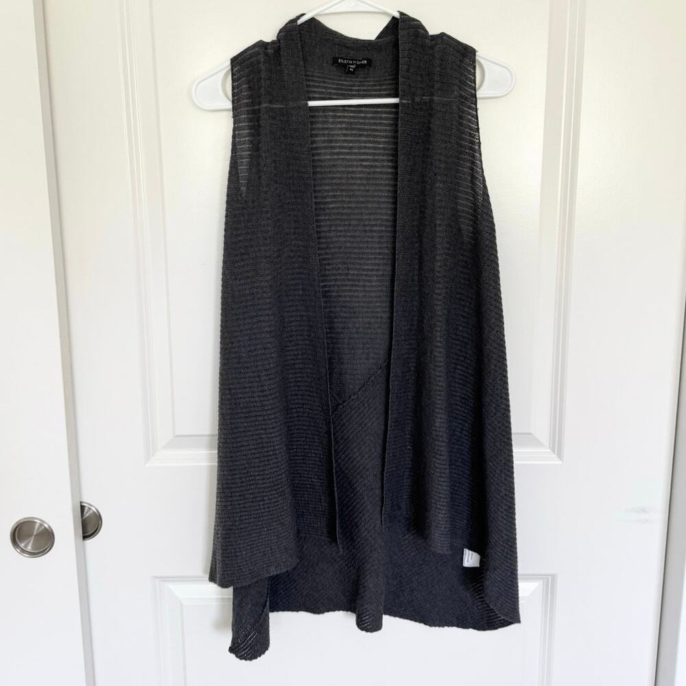 Eileen Fisher Ribbed Lightweight Wool Knit Long Line Cardigan Vest Gray XS